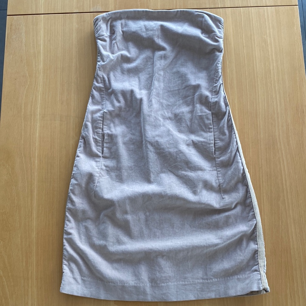 Club Monaco tan corduroy strapless dress.